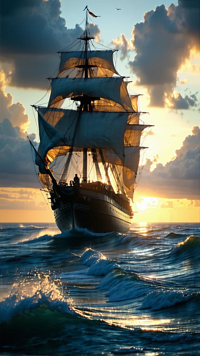 AI generated: Photo of a ultra realistic sailing ship, dramatic light, pale sunrise, cinematic lighting, battered,...
