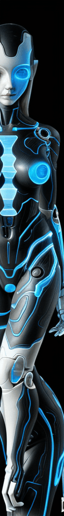 AI generated: half robot women, fine attention to anatomy, black, white, and florescent blue, relaxed, high dynami...