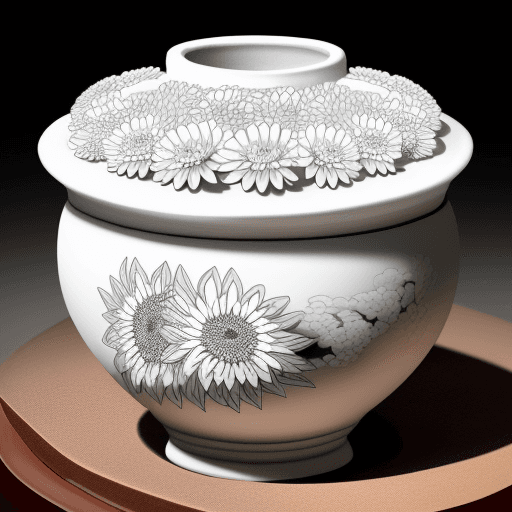 AI generated: There is a fragrant chrysanthemum flower in the pottery. Please draw it in black and white.