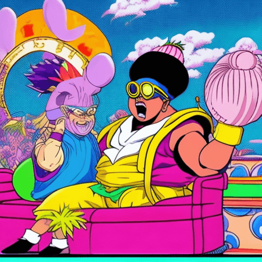 AI generated: A whimsical scene in a vibrant, classic 1980s anime style reminiscent of Dragon Ball. A round, jovia...
