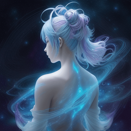 AI generated: Back view, a mystical anime warrior dissolving into ethereal, shimmering mist, iridescent cosmic pai...