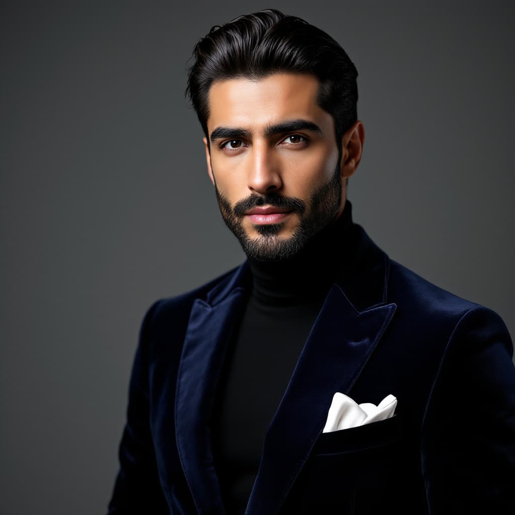 AI generated: Portrait of a handsome 30-year-old Middle Eastern man, olive skin, slicked-back black hair, stubble ...