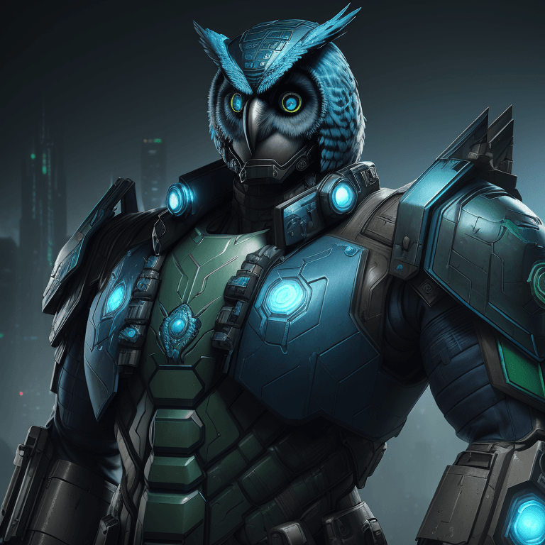 AI generated: Anthropomorphic blue owl, hyperrealistic futuristic soldier wearing cyberpunk hulk jacket,big green ...