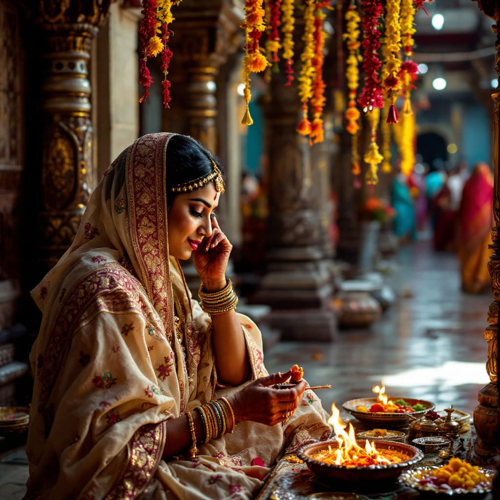 AI generated: Indian lady in temple doing pooja