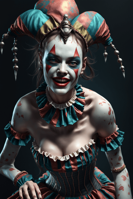 AI generated: A full body modelposition. Very cruely, creepy Horror,Crazy  evil insane bad laughing girl  Harlequi...