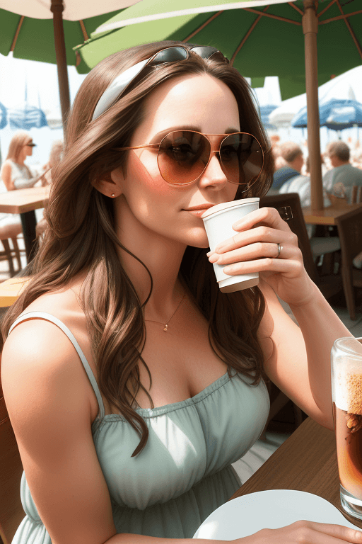 AI generated: Medium close-up, photograph of,beautiful 30 year old woman, long brunette hair, sundress, sunglasses...