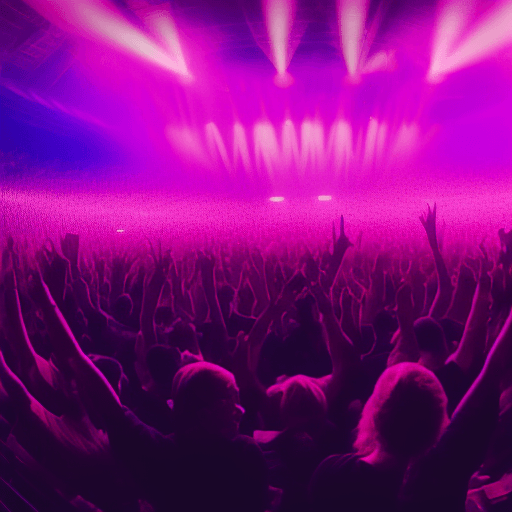AI generated: wide angle cinematic photo top of concert crowd hands in the air, multi colored stage lights, 8k