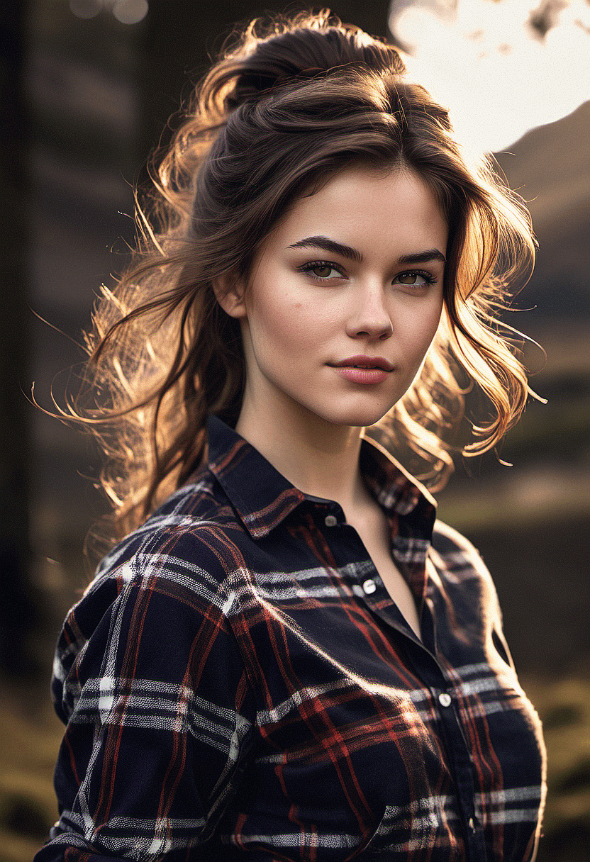 AI generated: A half Body Photo of a beautiful brunette Scottish girl, green eyes, messy beehive hair style, natur...