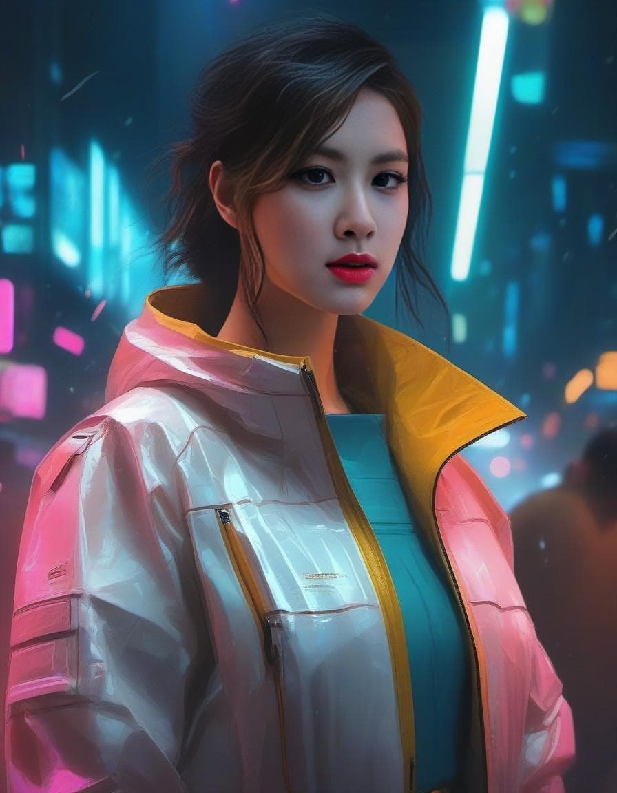 AI generated: a detailed portrait of European Pretty Young Girl Storm Rain movie Jacket coat, Futuristic sci-fi fa...