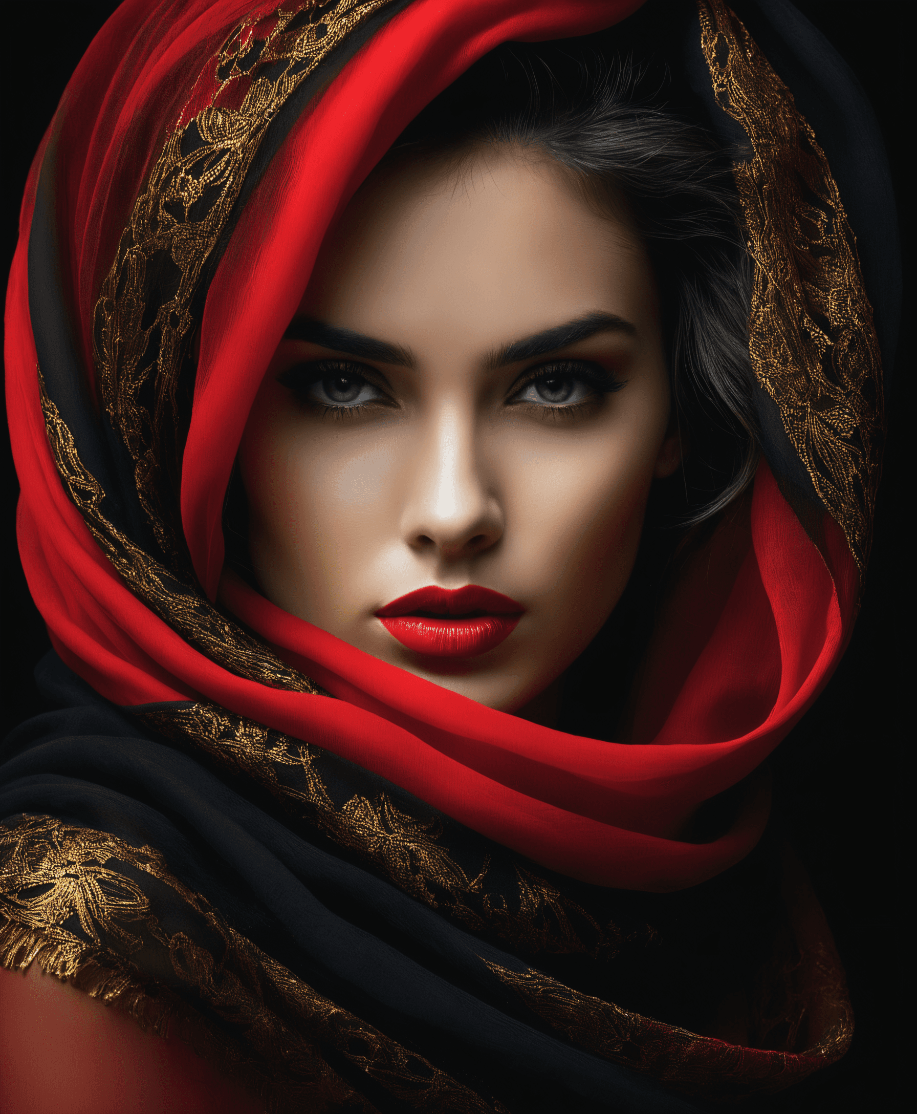 AI generated: breathtaking portrait of a gorgeous girl, sultry, red scarf, dark gold and black, gossamer fabrics, ...