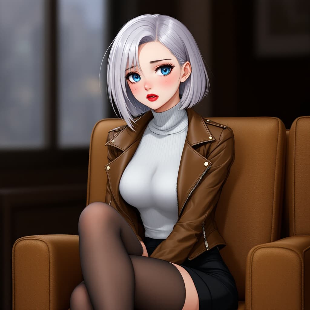 AI generated: anime, woman, white hair, bob cut, blue eyes, freckles, red lips, bored expression, brown leather ja...