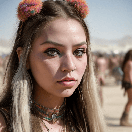 AI generated: Human, woman, looking into camera, highly detailed, HDR, 8k. long hair. big lips. big eyes. coachell...