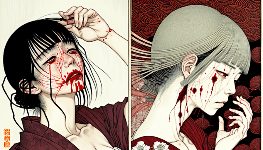 AI generated: a single Woman crying blood, artwork by Takato Yamamoto and Chika Yamada, very detailed, surrealist ...