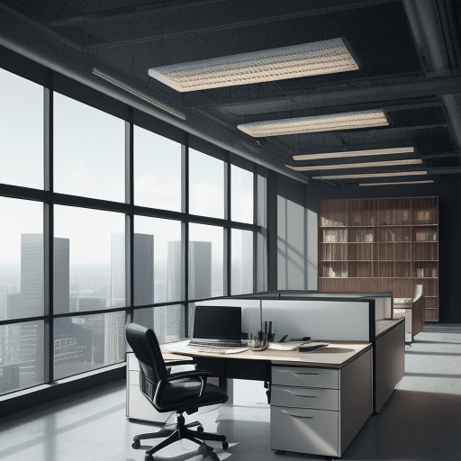 AI generated: office design with high floor-to-ceiling windows, heavy beautiful furniture, high quality Leica 50mm...