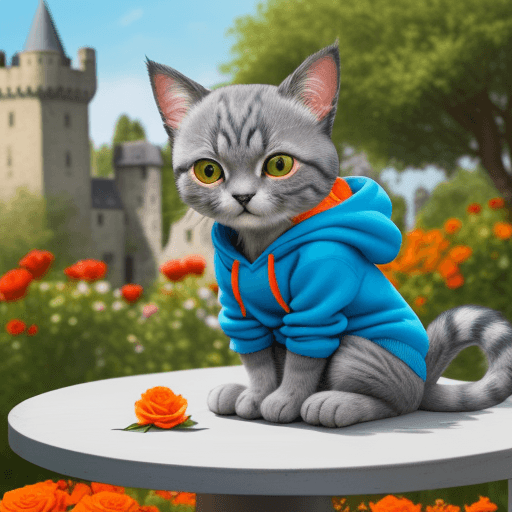 AI generated: gray cute little cushi cat, full of colors, sitting on a table, looking at viewer with love, in a ca...