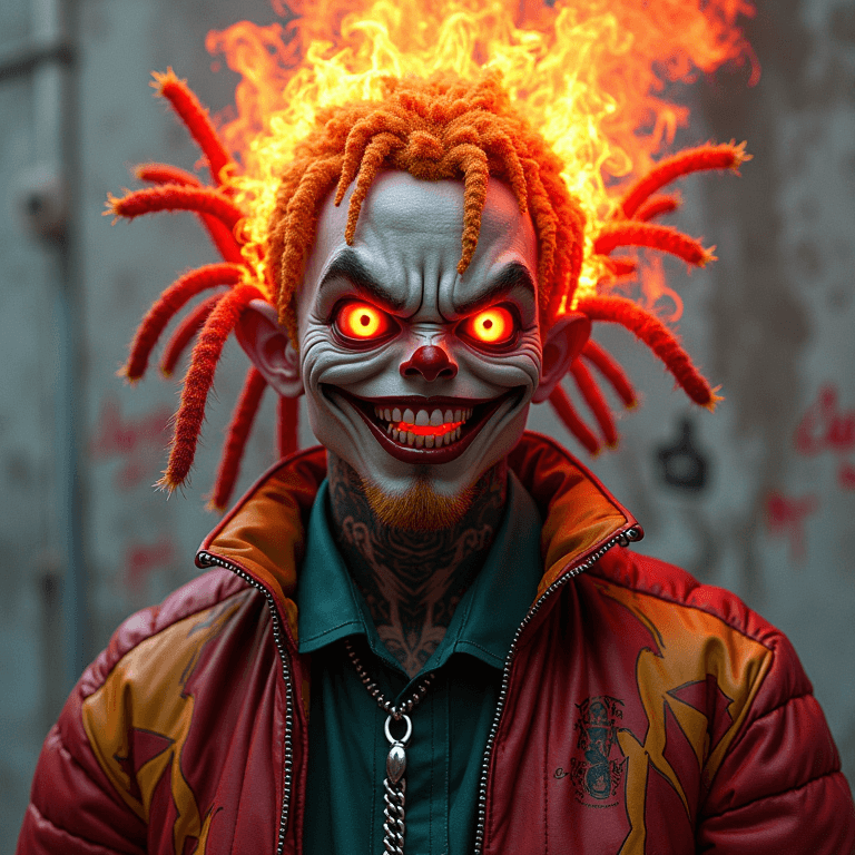 AI generated: full body 3d illustration JNCO styled graffiti anime character with flaming urban DREADLOCKS and an ...