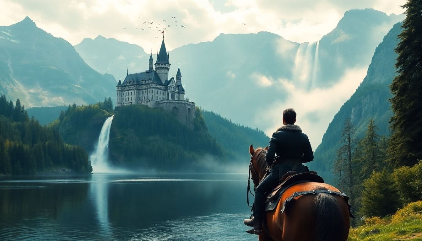 AI generated: a serene and idyllic scene of a person on horseback gazing up at a majestic castle, set against a br...