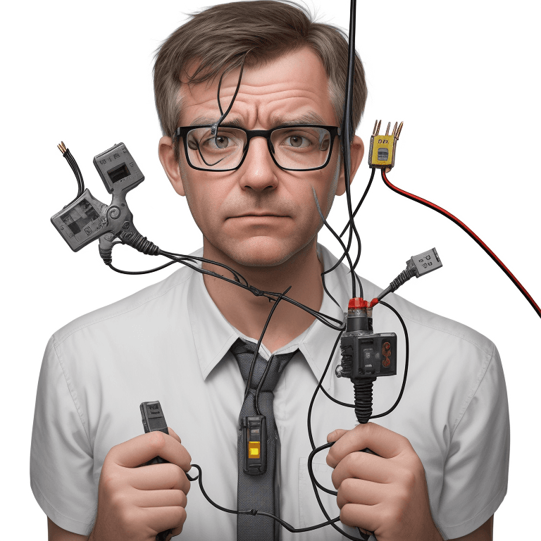 AI generated: High resolution photography Man in glasses tangled in wire, cables and isolated on a white backgroun...