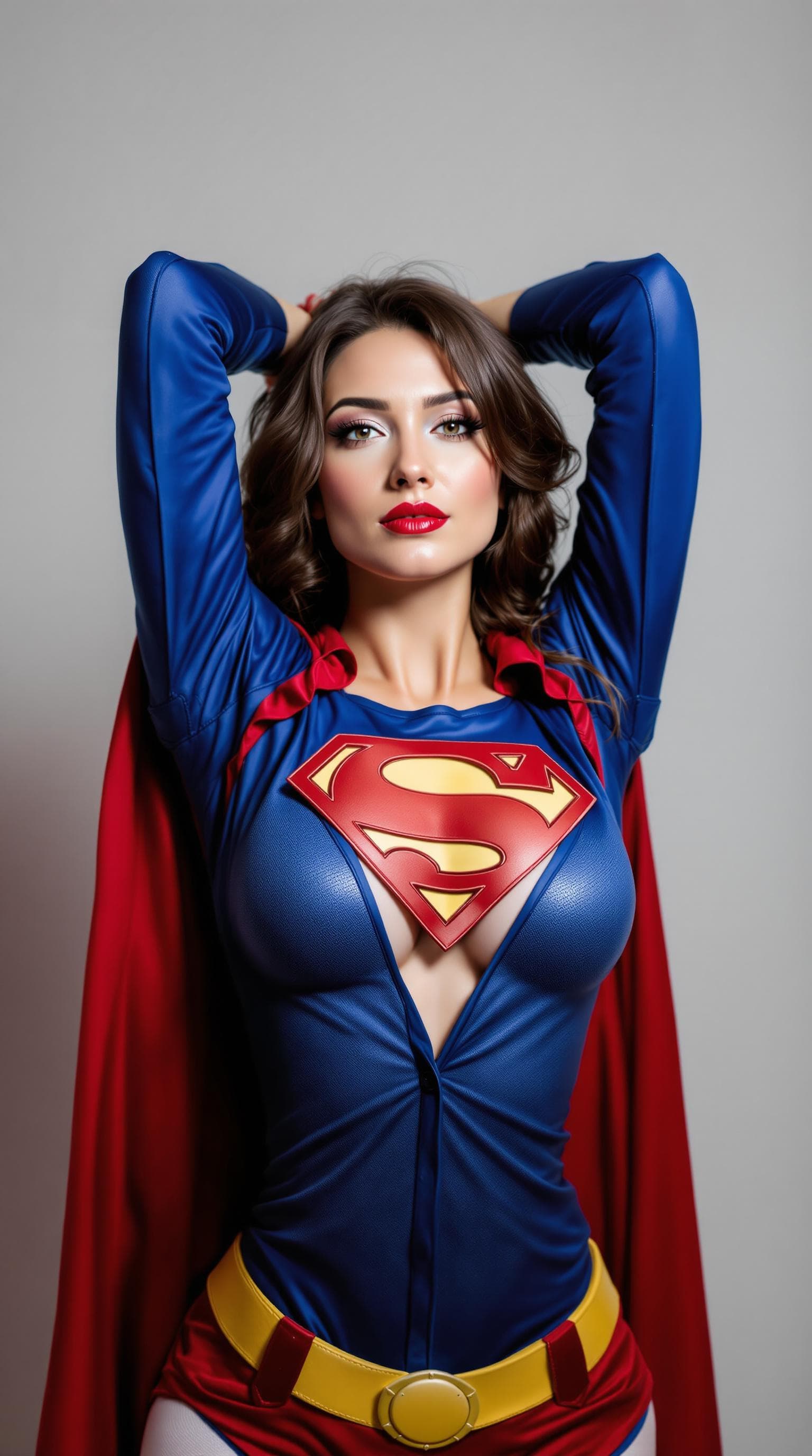 AI generated: a woman in a superman costume posing for a picture with her hands on her head and her shirt open, Co...