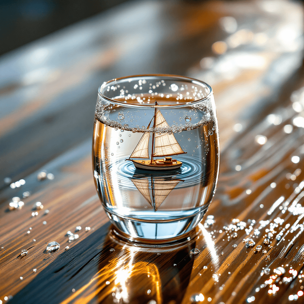 AI generated: A crystal-clear glass of water rests on a sunlit wooden table, every droplet on its surface catching...