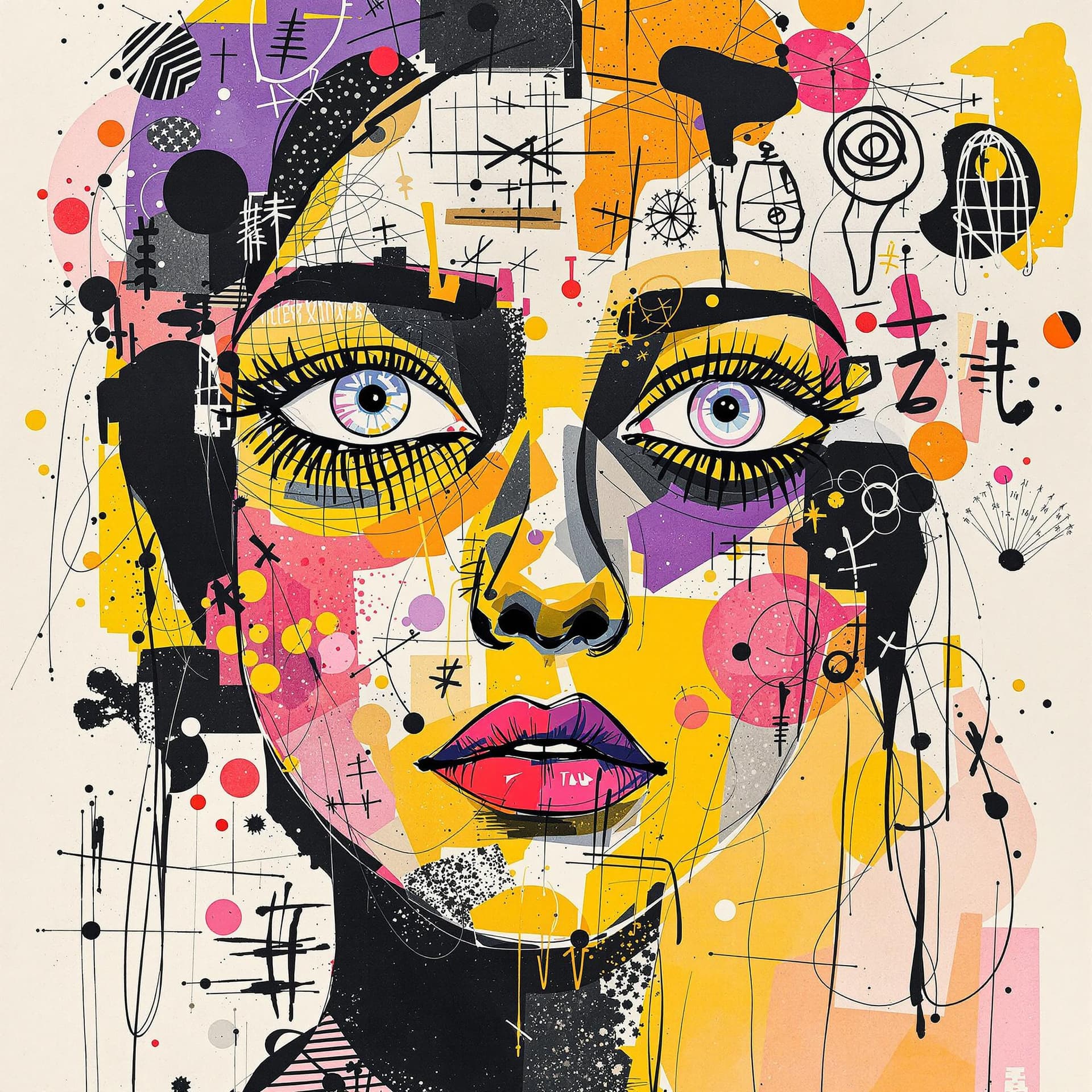 AI generated: A mixed media collage featuring an abstract female figure with expressive eyes, adorned in vibrant p...