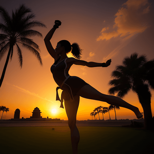 AI generated: A silhouetted beautiful 30 yo woman performing a high Taekwondo kick against a vibrant sunset, with ...
