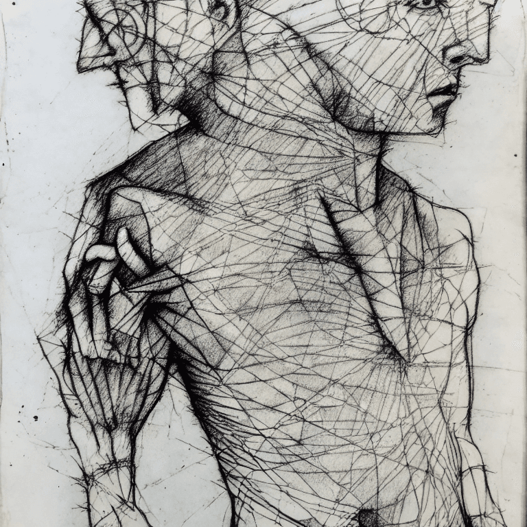 AI generated: drypoint engraving scribble illustration,  paranoid, annotated, messy, disorganized, man with Anatom...