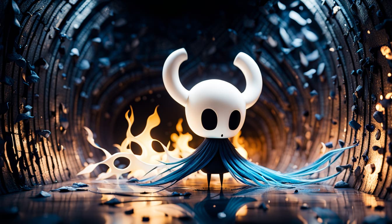 AI generated: Intricate CG unity wallpaper, close-up, Hollow Knight round mask, the black cone shape cloak , he is...