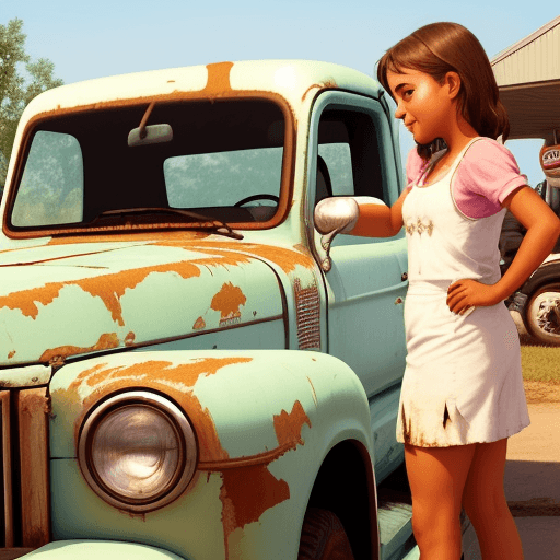 AI generated: 2 cute girls are repairing an old pick up at the gas station. 