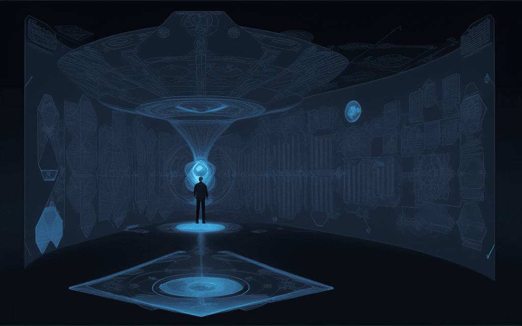 AI generated: a man  standing in the distance in a blue space colony/schematics/measurements/marginalia/abstract/t...