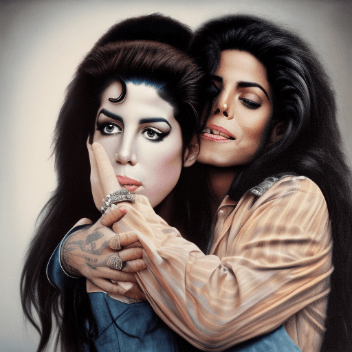 AI generated: Micheal Jackson hug Amy Winehouse (masterpiece:1. 0), (best quality:1. 4), (ultra highres:1. 2), (ph...