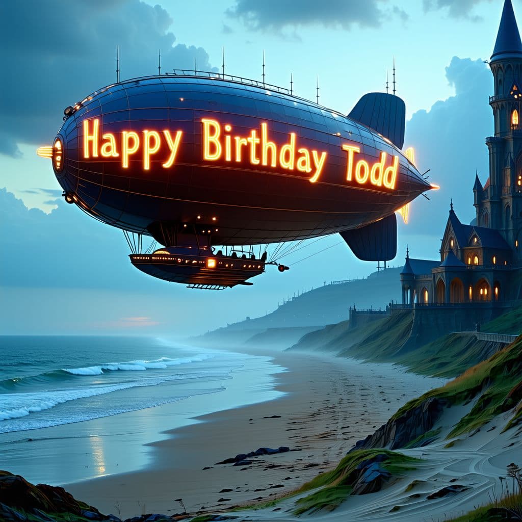 AI generated: A futuristic blimp flying over the beach with an led aign sign that says, Happy Birthday Todd in ste...