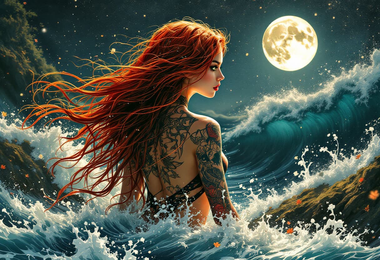 AI generated: A captivating illustration features a striking woman with auburn hair and green eyes, confidently wa...