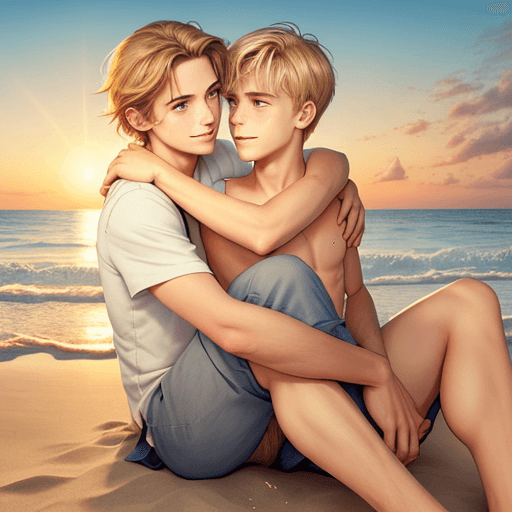 AI generated: sitting on the beach, hug, two men, boys love, watching sunset in the seaside, couple,  Storybook il...