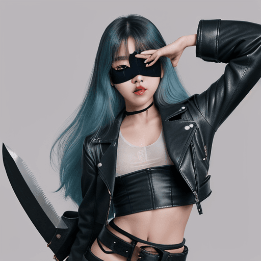 AI generated: 1 girl, beautiful Korean girl, (Cute cyan long hair), (wearing a small leather jacket, leather leggi...