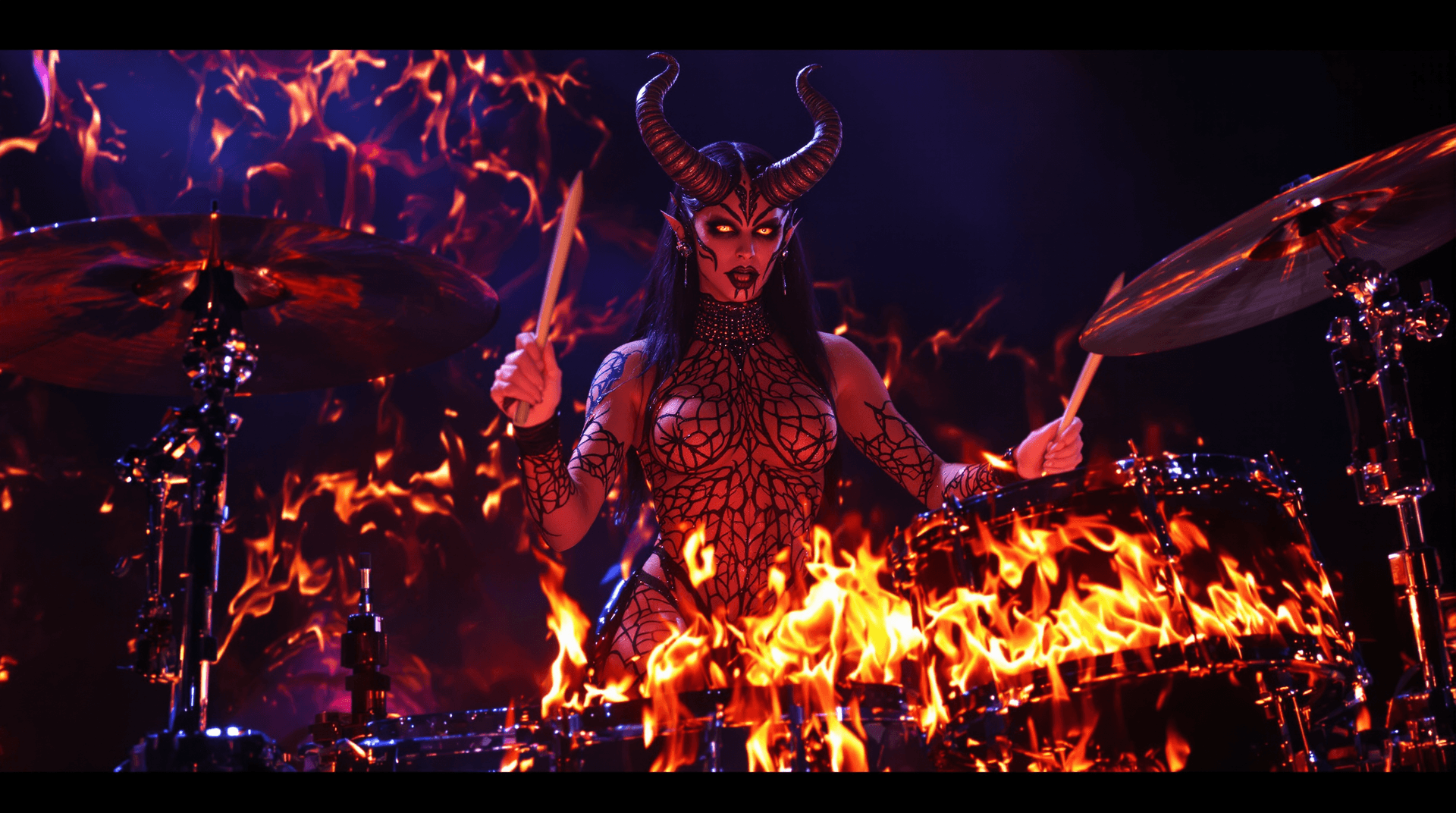 AI generated: Two female demon characters on a dark concert stage:
CHARACTER 1 - LAMAŠKATU (drummer):
A athletic f...