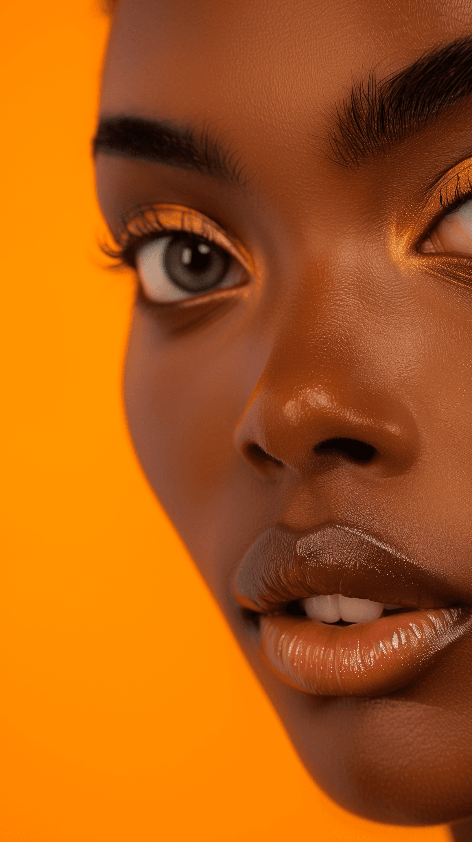 AI generated: photography, face close-up, black woman model, gaze, background is solid orange, power of contrast, ...