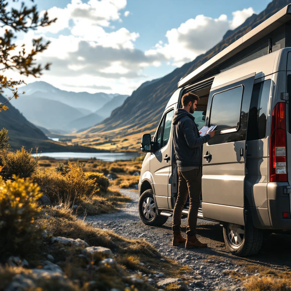 AI generated: A van parked in a scenic spot with a checklist on a tablet. dslr, ultra quality, sharp focus, tack s...