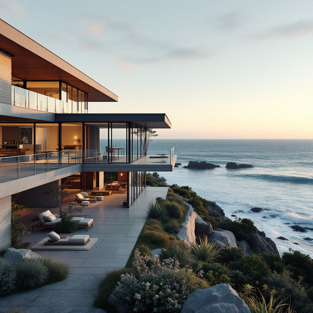 AI generated: Hyper realistic eye level exterior photo of a mid century modern style house overlooking the ocean, ...