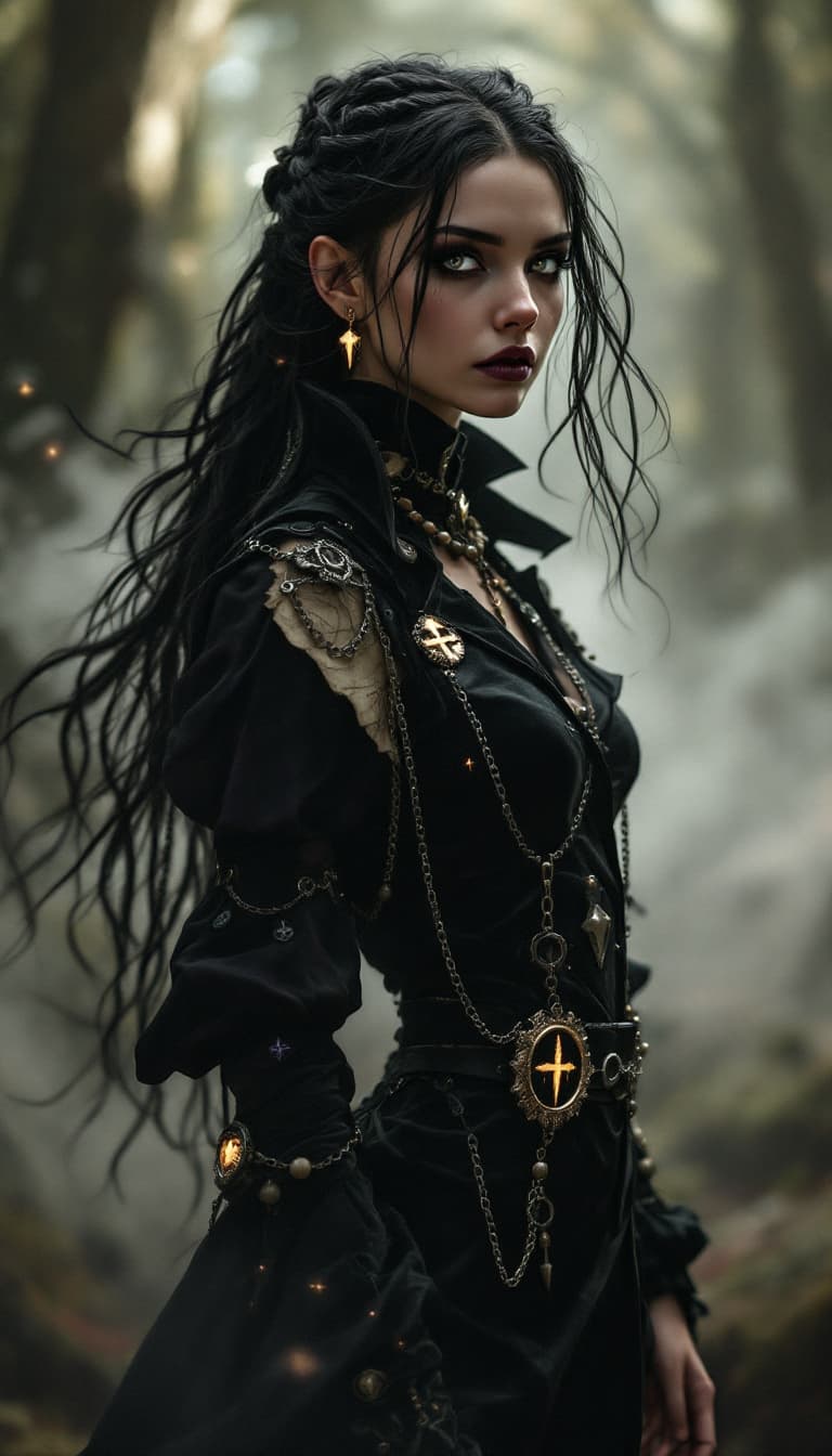 AI generated: An ultra-realistic, full-body portrait of a captivating gothic cartographer of dreams woman, radiati...