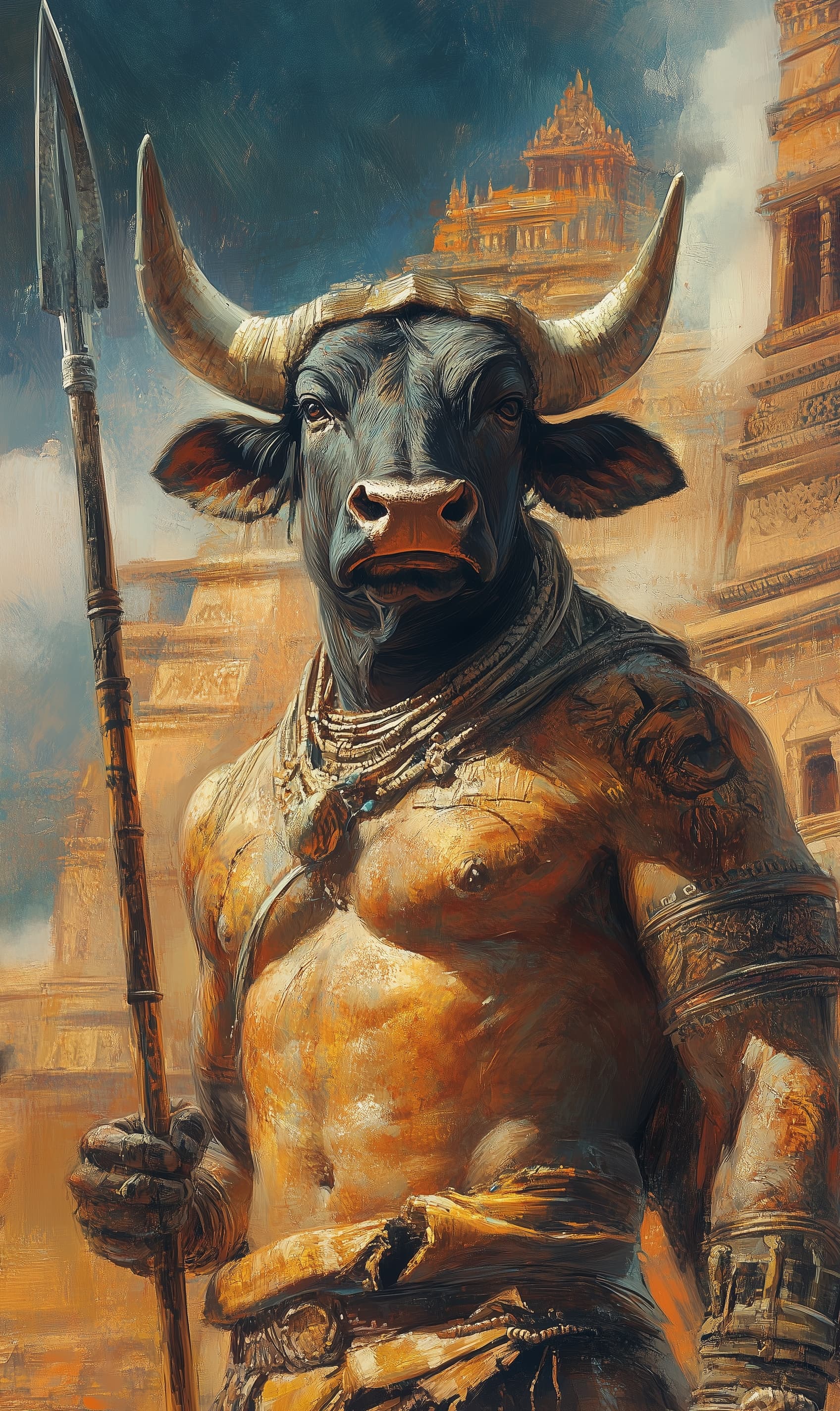 AI generated: A close-up of an anthropomorphic minotaur with horns, wearing purple and black and holding a spear. ...