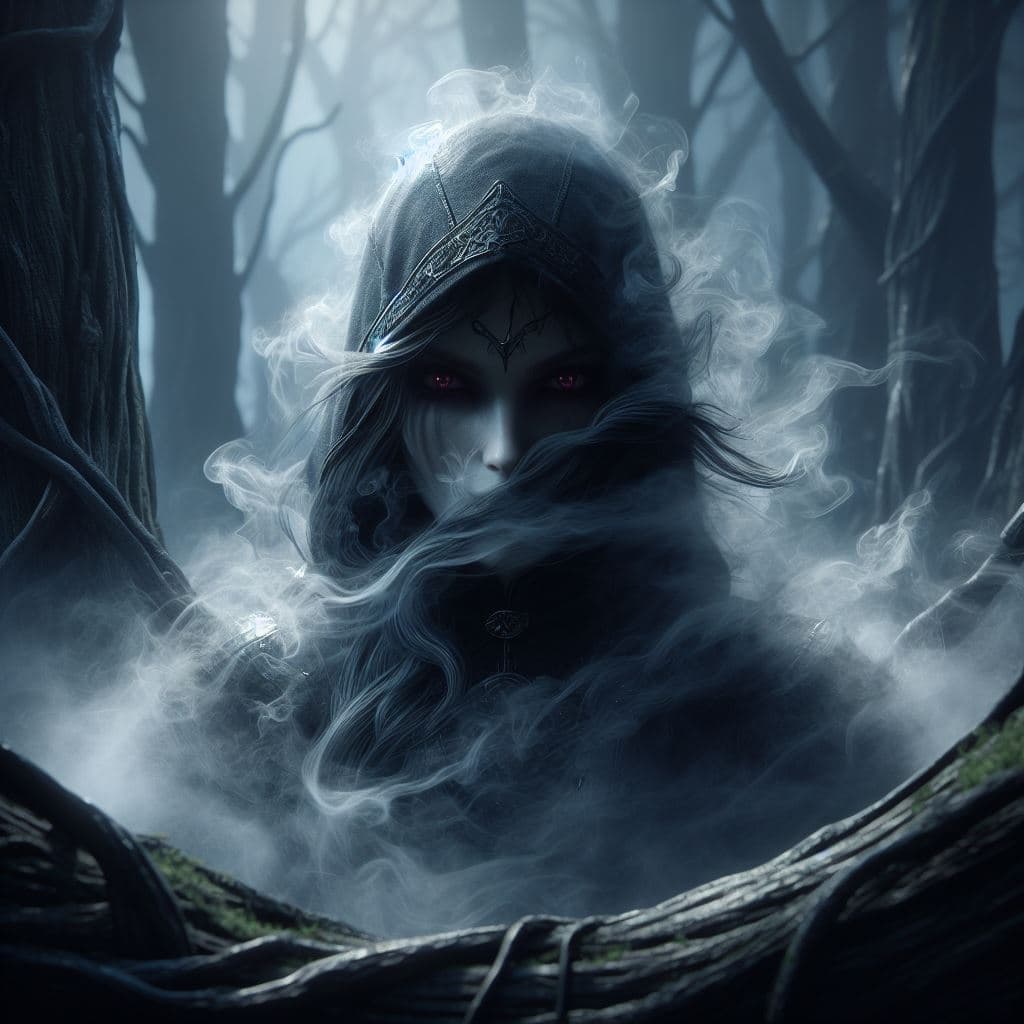 AI generated: In a dark, mist-shrouded forest, Umbra, a shadowy assassin, lurks among the twisted trees. The photo...