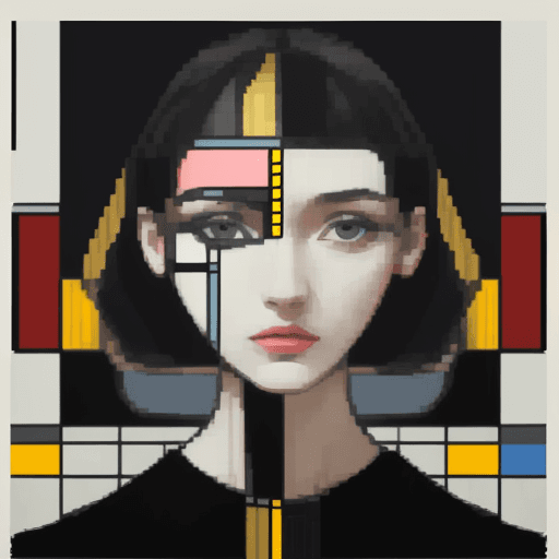 AI generated: illustration, art, woman, face, gaze, mosaic, mondrian, consisting random colors, black outline, pat...