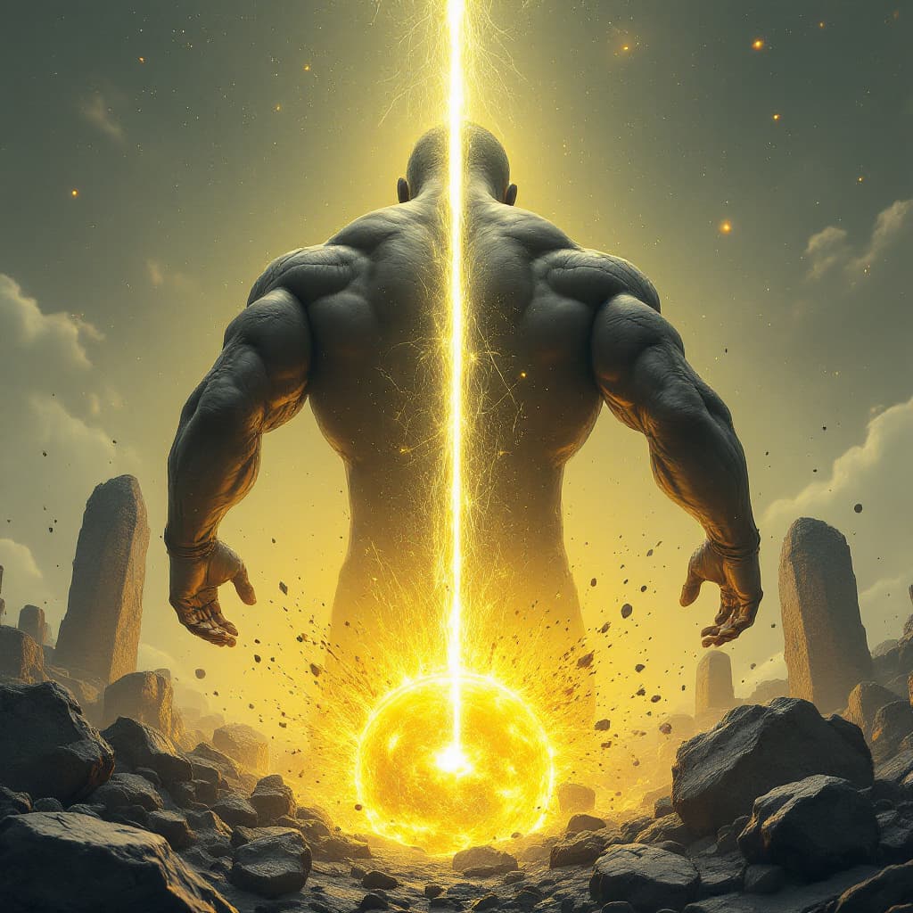 AI generated: Darkwave, synthwave,  epic music album cover. It portrays a close up of a floating very muscular per...