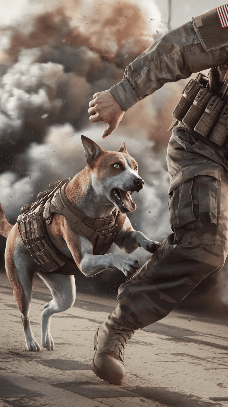 AI generated: a stray dog in army gear barks on a soldier's leg, the soldier running away from dog and screams in ...