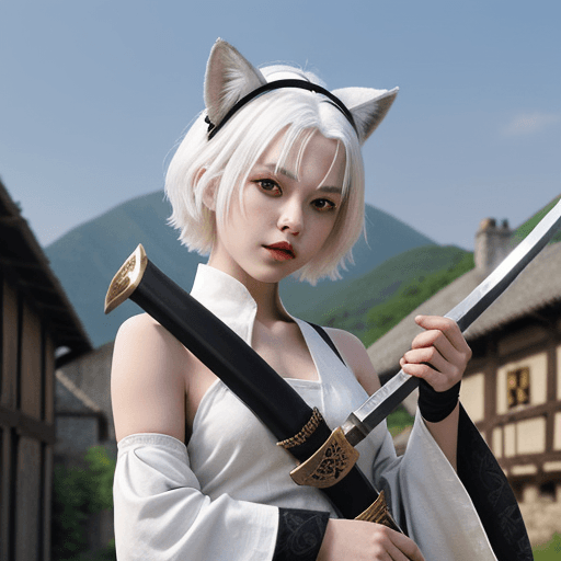 AI generated: 1 girl, white hair,,1 katana in hand,short hair, medieval theme, medieval village background, animal...