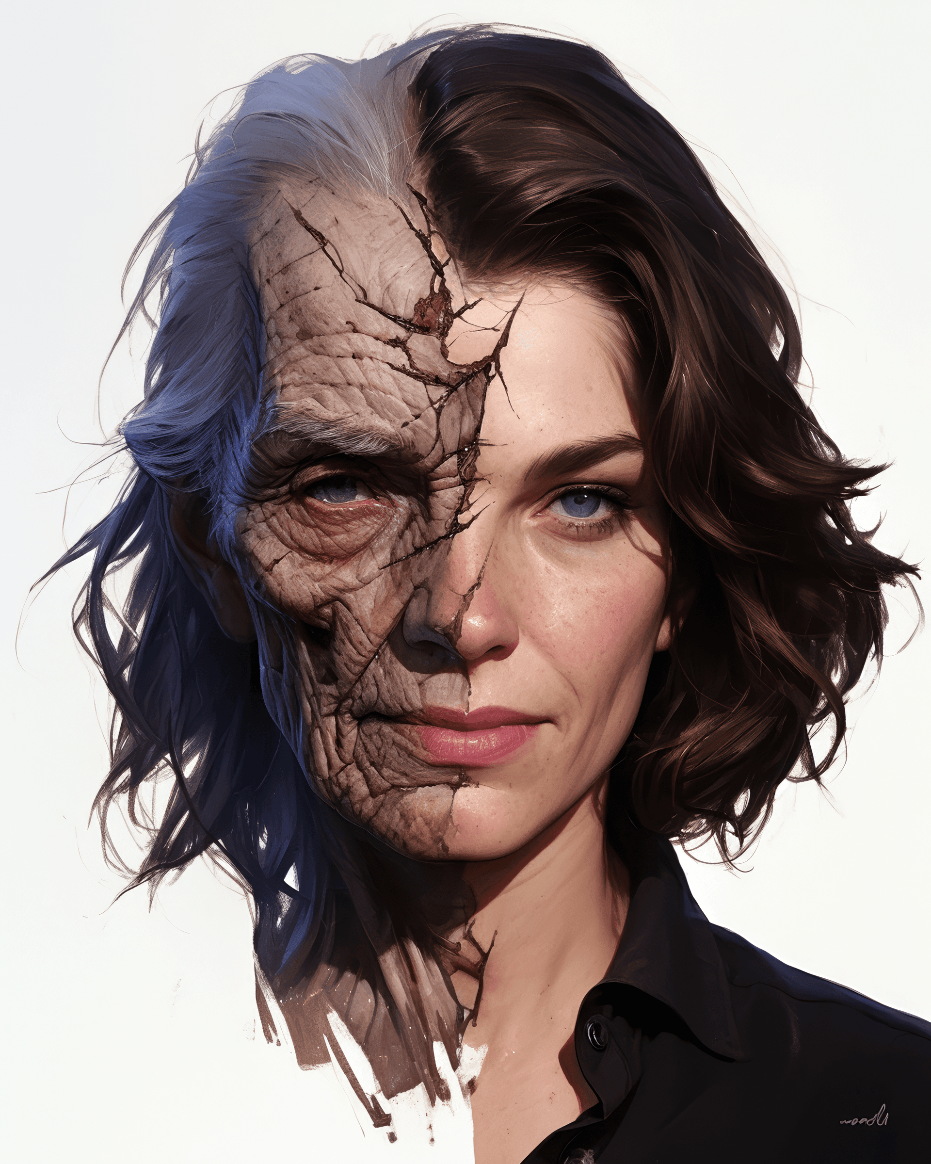 AI generated: A face, half young girls and half elderly people in their eighties --ar 4:5 --s 850 --niji 6