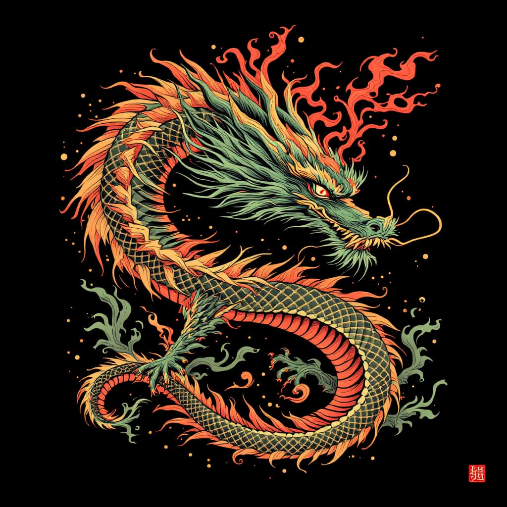 AI generated: a dragon in chinesse, in the style of bold, graphic compositions, dark green and amber, black backgr...