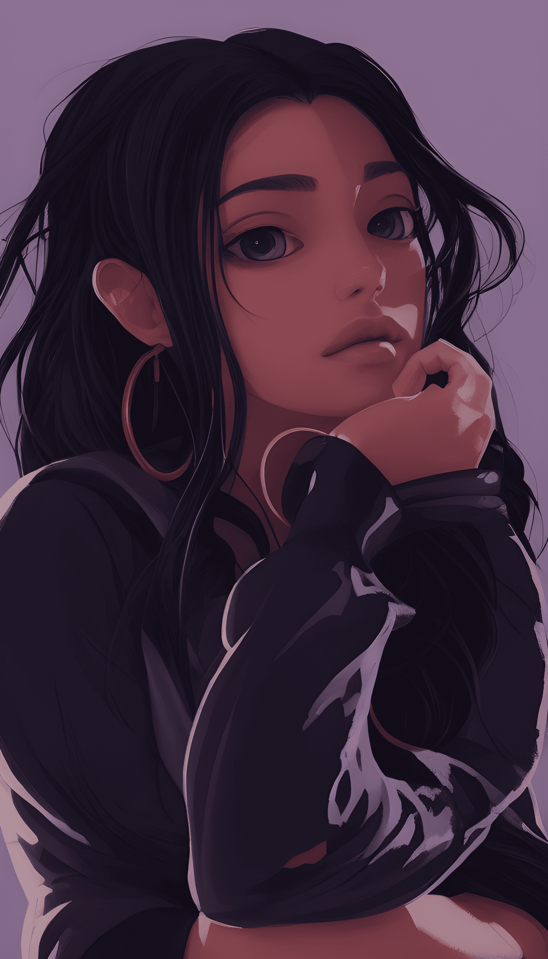 AI generated: a drawing of a woman with long black hair, a digital painting, tumblr, iphone 15 background, black t...
