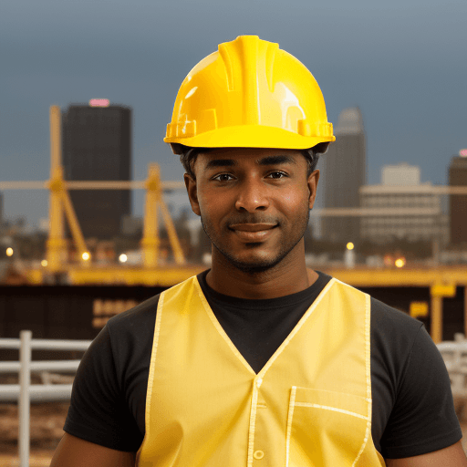 AI generated: A black , brown skinned handsome  african- american man wearing a large , yellow construction hard h...